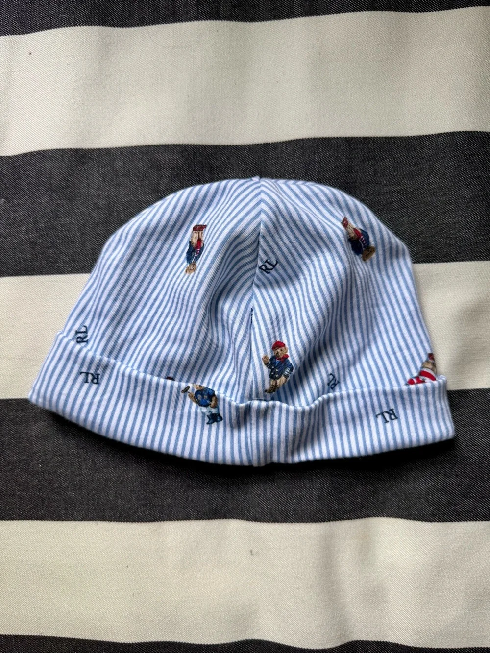 Ralph Lauren Blue Striped Baby Beanie with Polo Bear